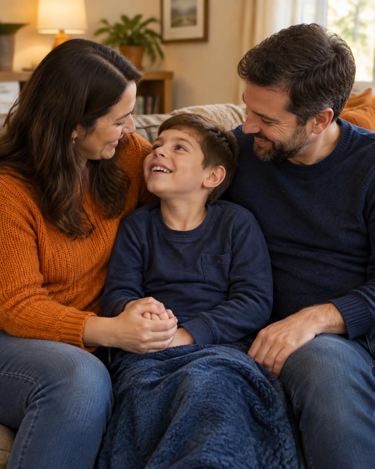 Parents sitting close together with their young child, smiling at each other on the sofa