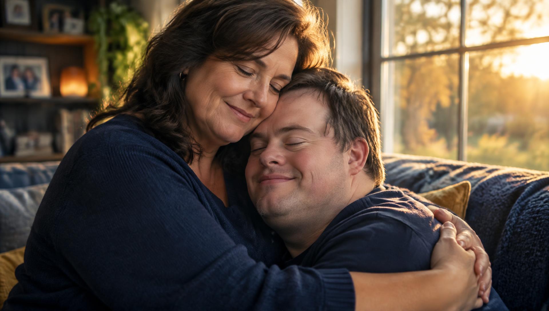 A mother embracing her adult son who lives with a developmental disability